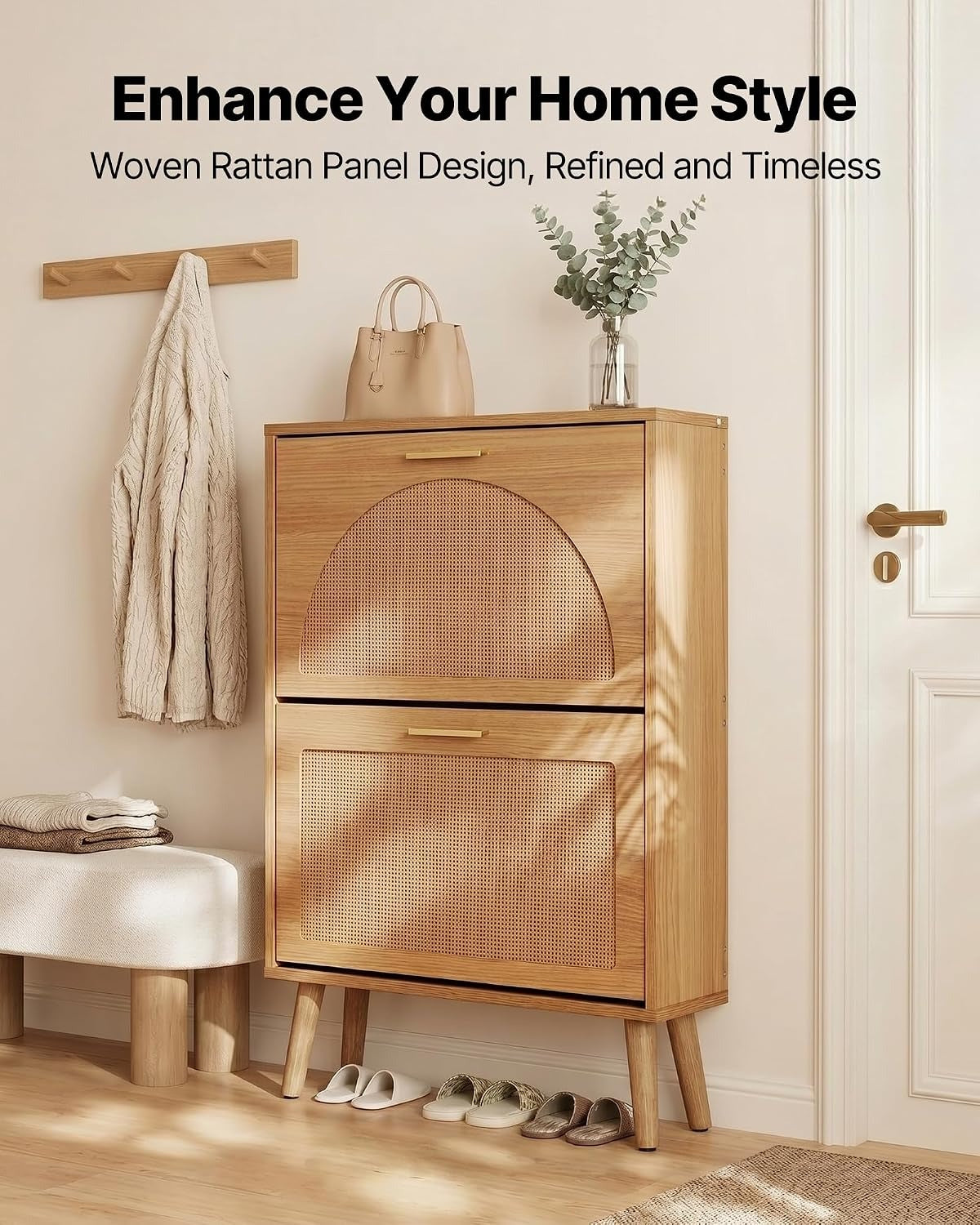 Rattan Flip‑Drawer Shoe Cabinet