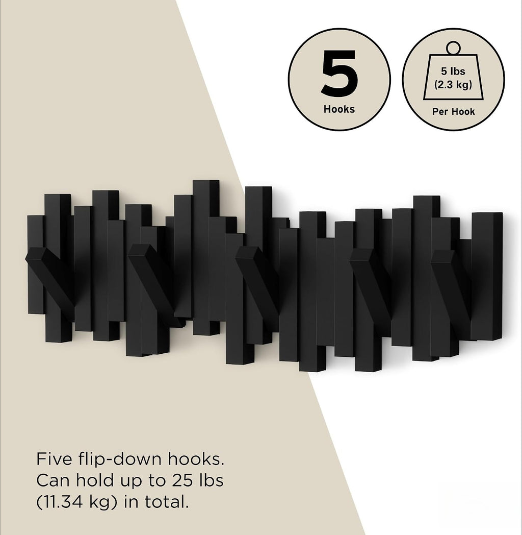 Sticks Black 5‑Hook Wall Coat Rack