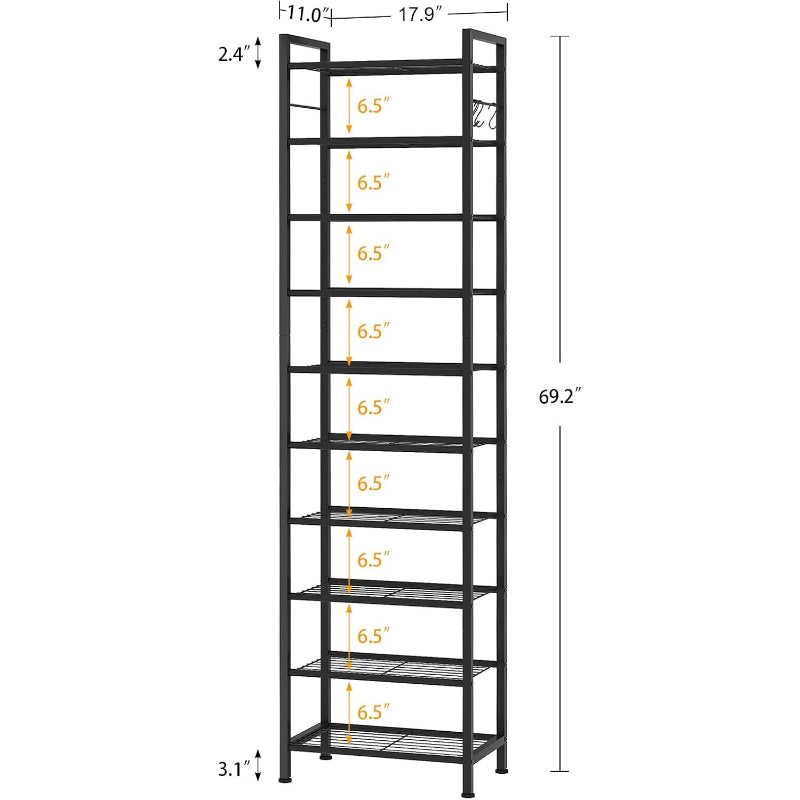Black 10‑Tier Slim Metal Shoe Rack