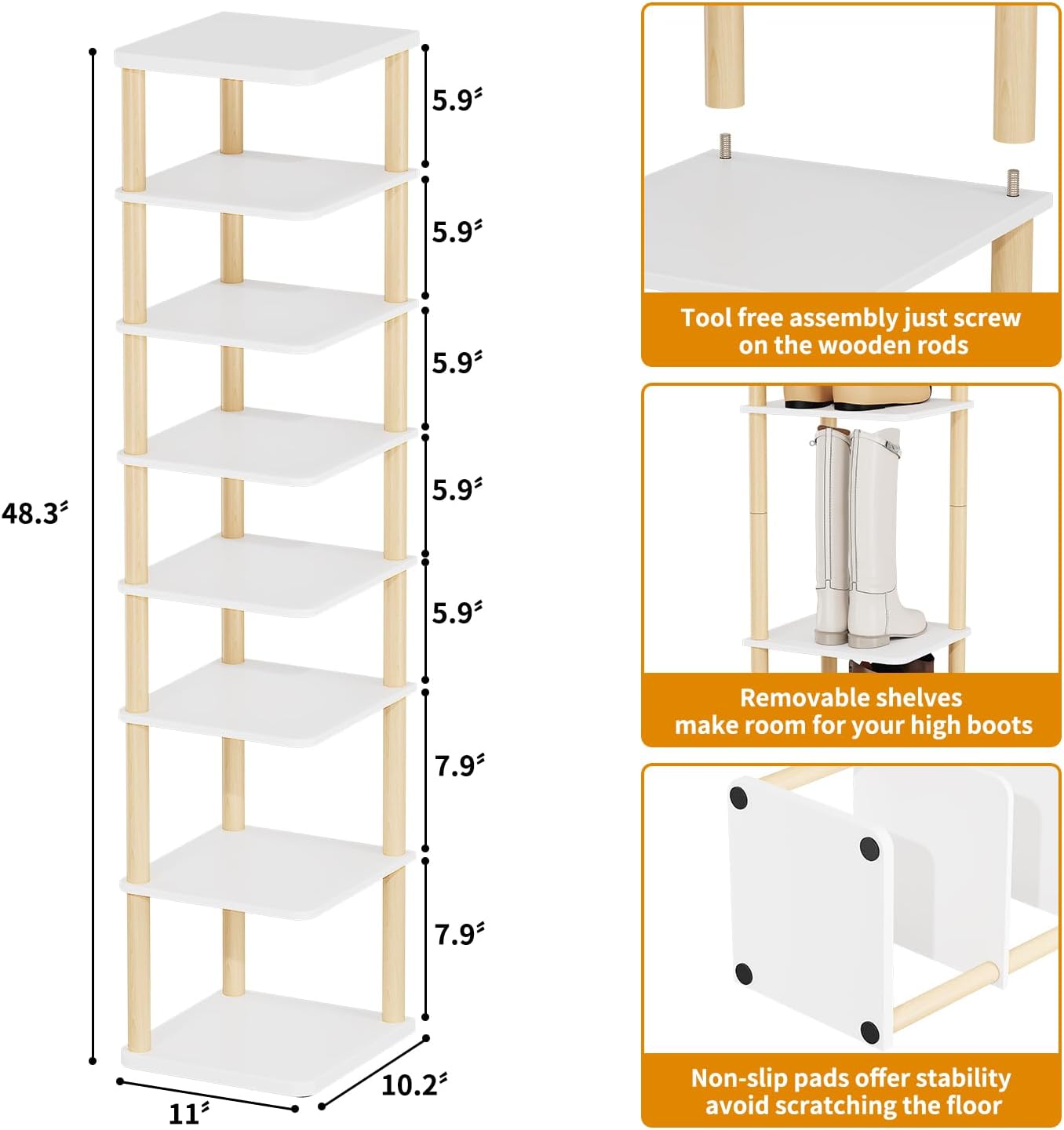 White 8‑Tier Vertical Narrow Shoe Tower