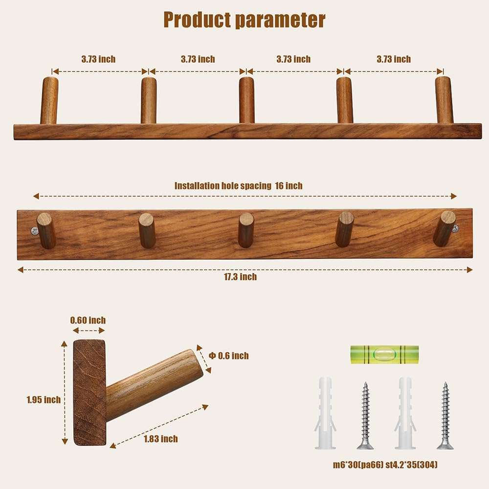 2‑Pack Solid Teak Wall Coat Hooks