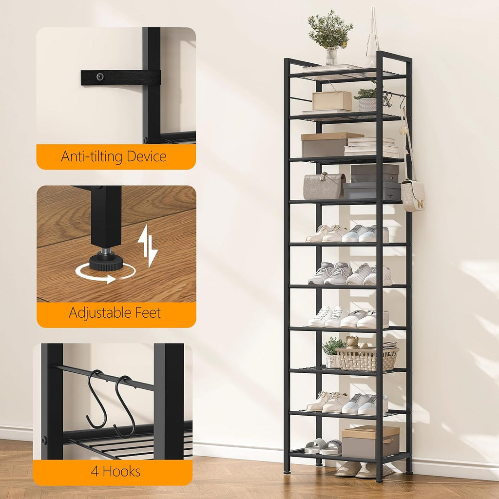 Black 10‑Tier Slim Metal Shoe Rack