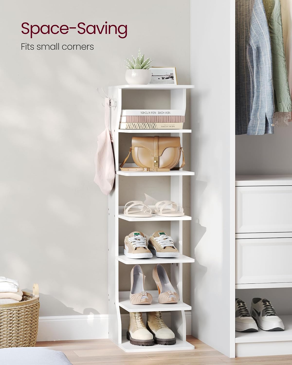 7‑Tier Vertical Shoe Rack with Hooks