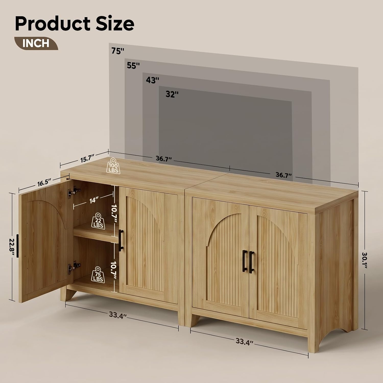 73" Natural Oak Fluted Sideboard Cabinet