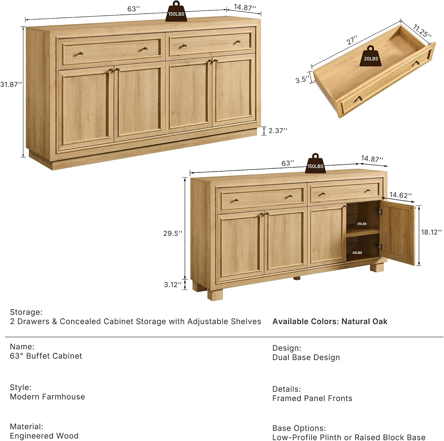 63" Modern Farmhouse Buffet Cabinet