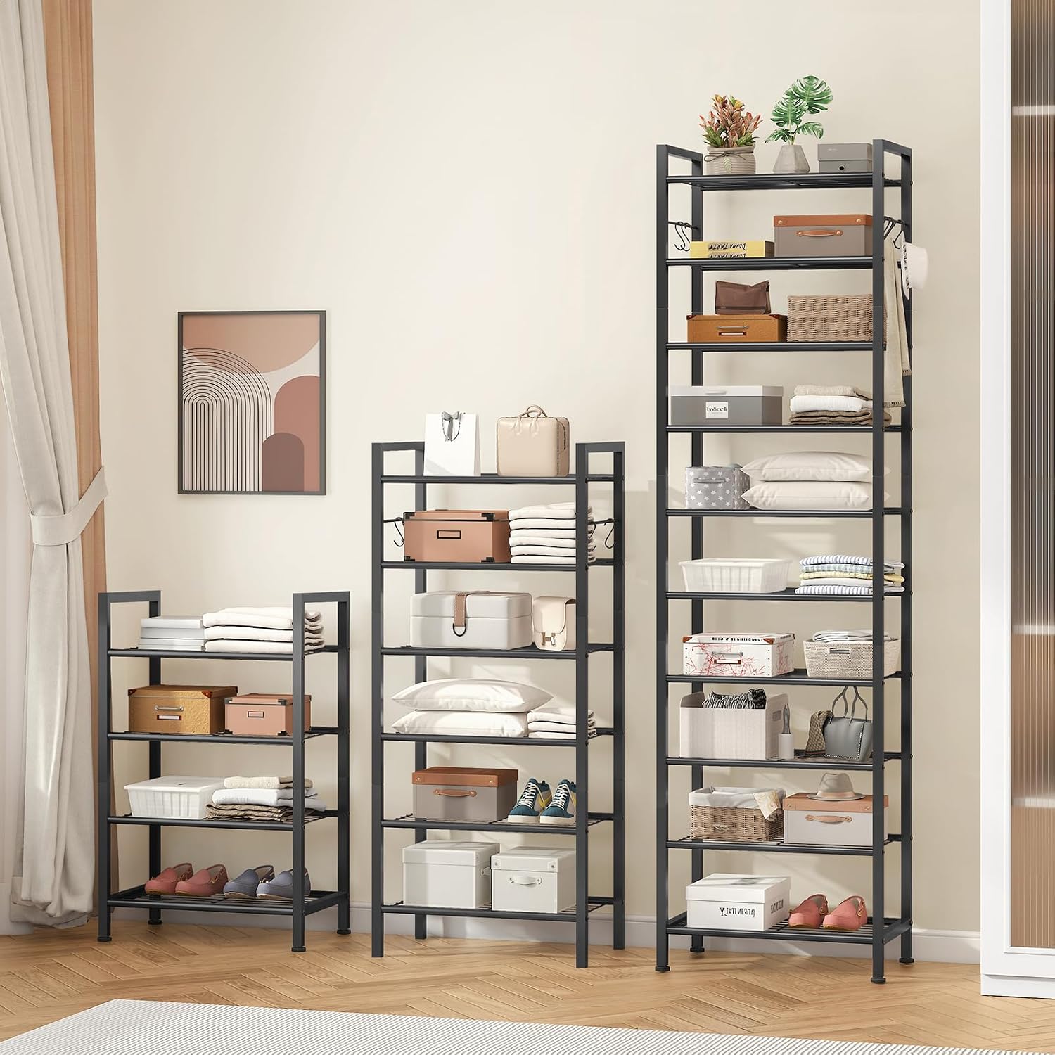 Black 10‑Tier Slim Metal Shoe Rack