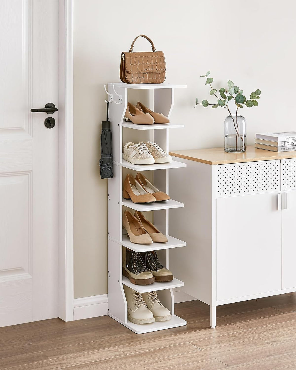 7‑Tier Vertical Shoe Rack with Hooks