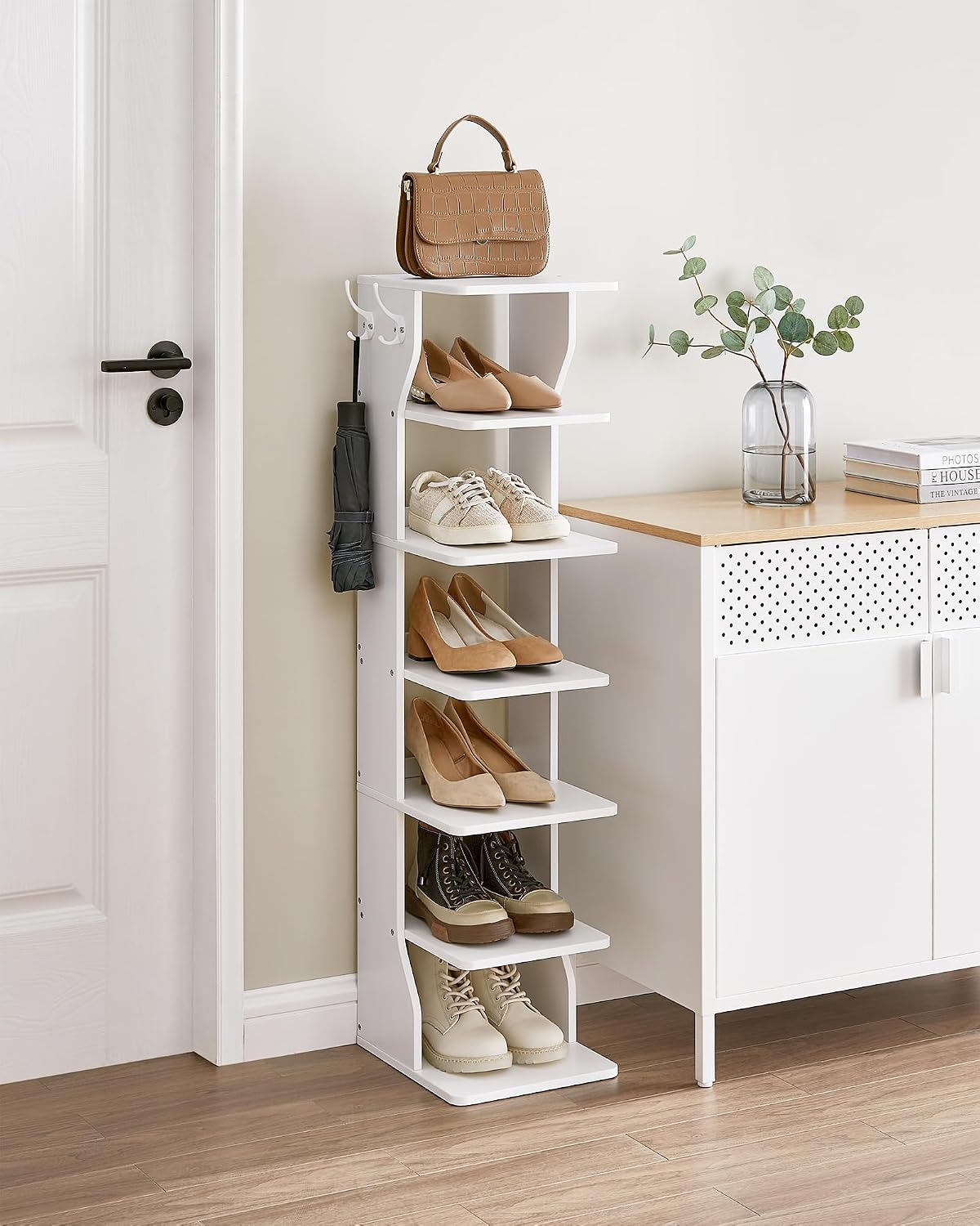 7‑Tier Vertical Shoe Rack with Hooks