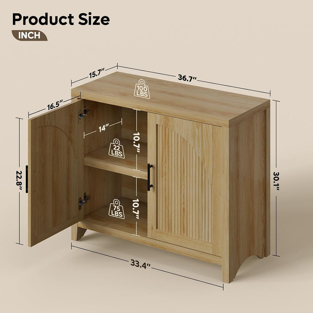 37"W Natural Oak Fluted Sideboard Cabinet
