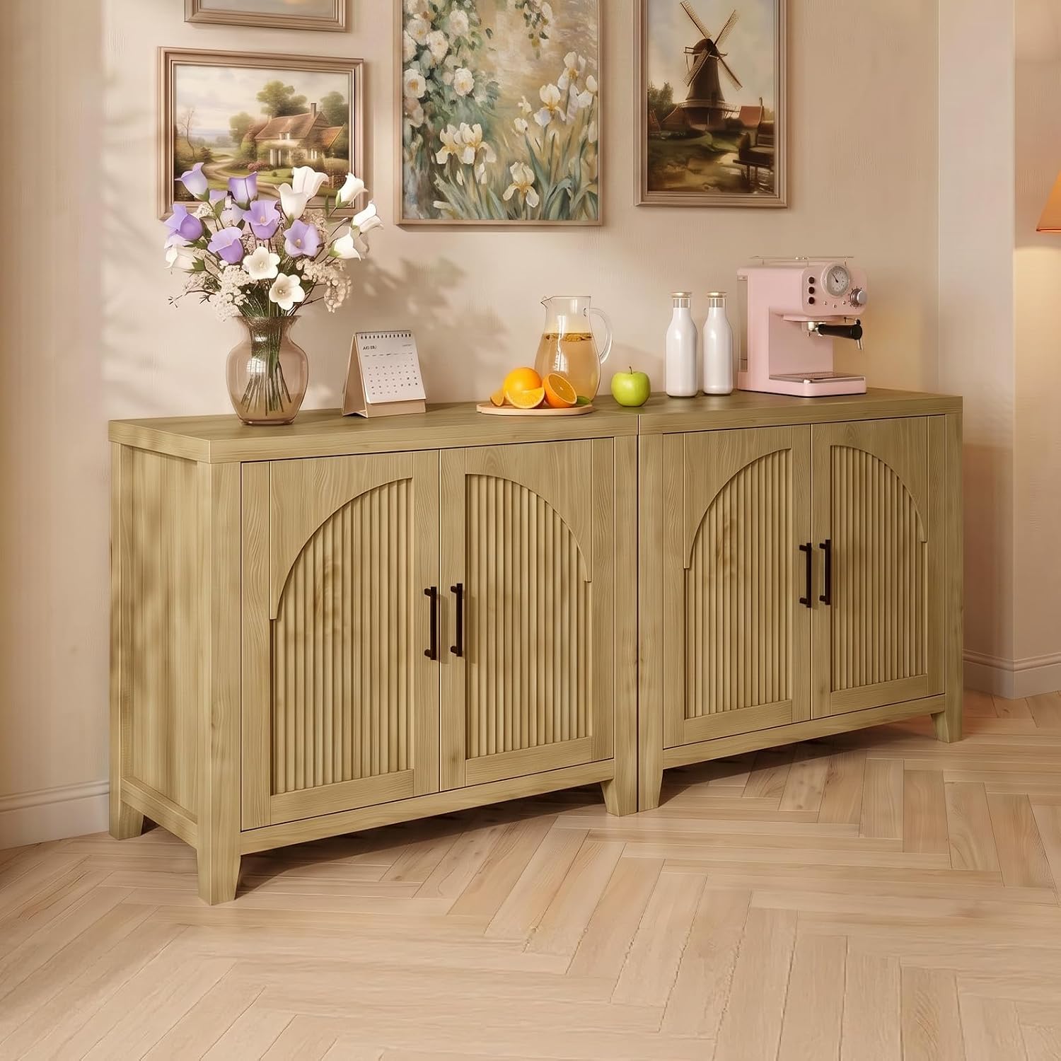 73" Natural Oak Fluted Sideboard Cabinet