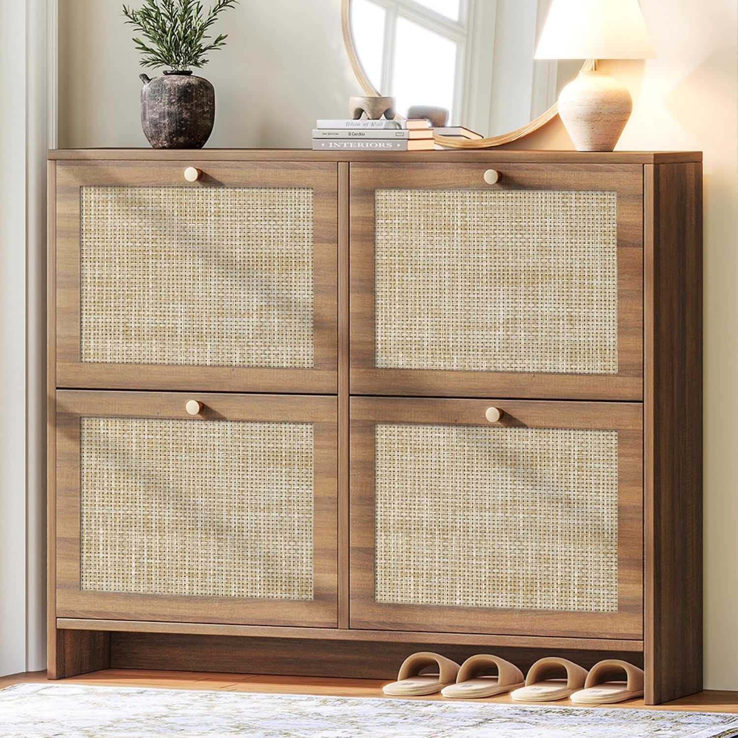 Slim Rattan Shoe Cabinet