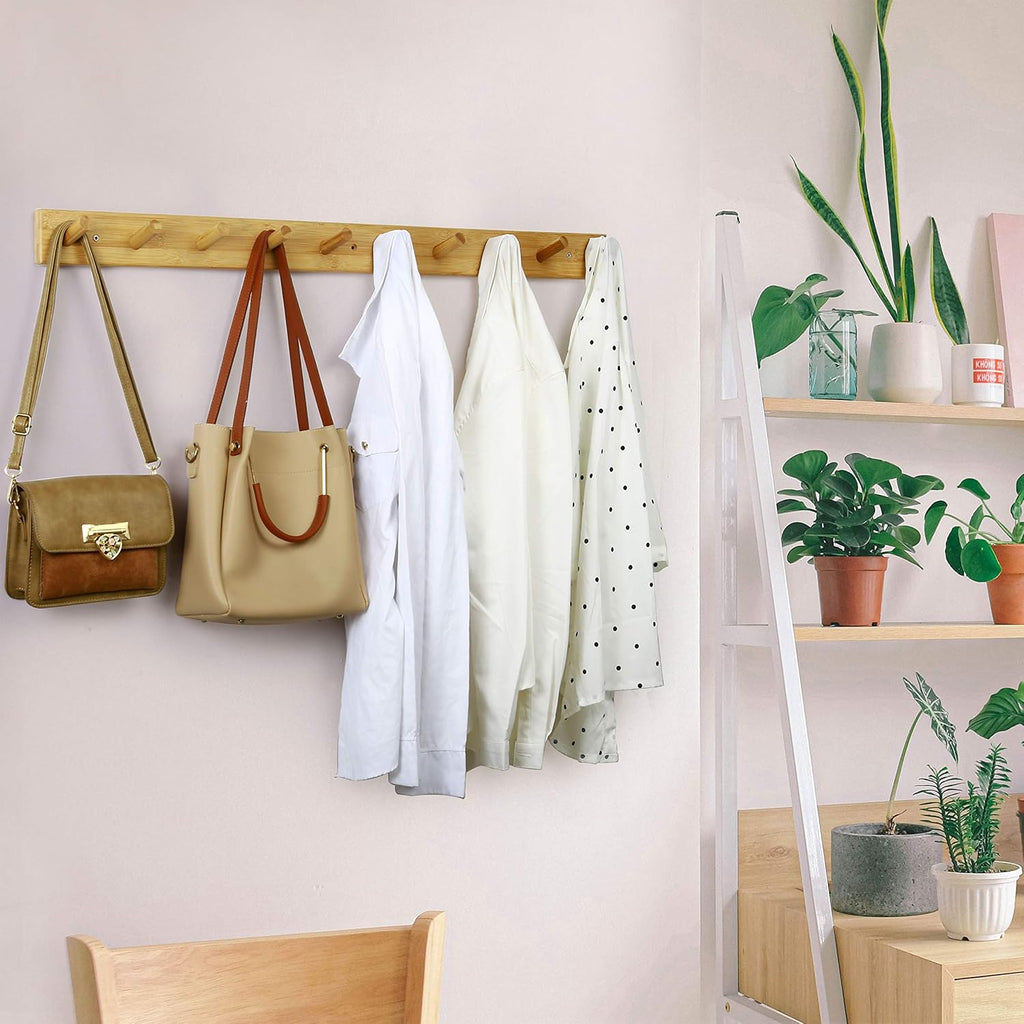 38" Natural 10‑Hook Wall Coat Rack