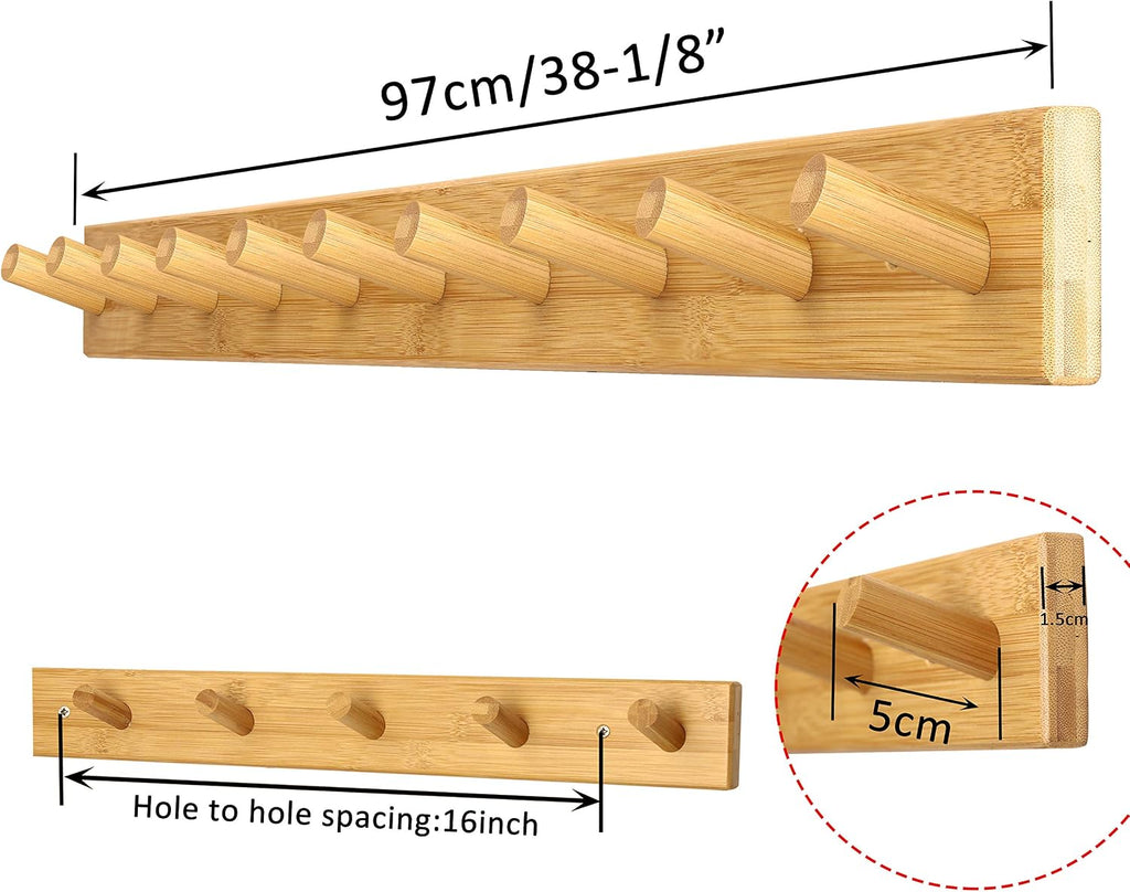 38" Natural 10‑Hook Wall Coat Rack