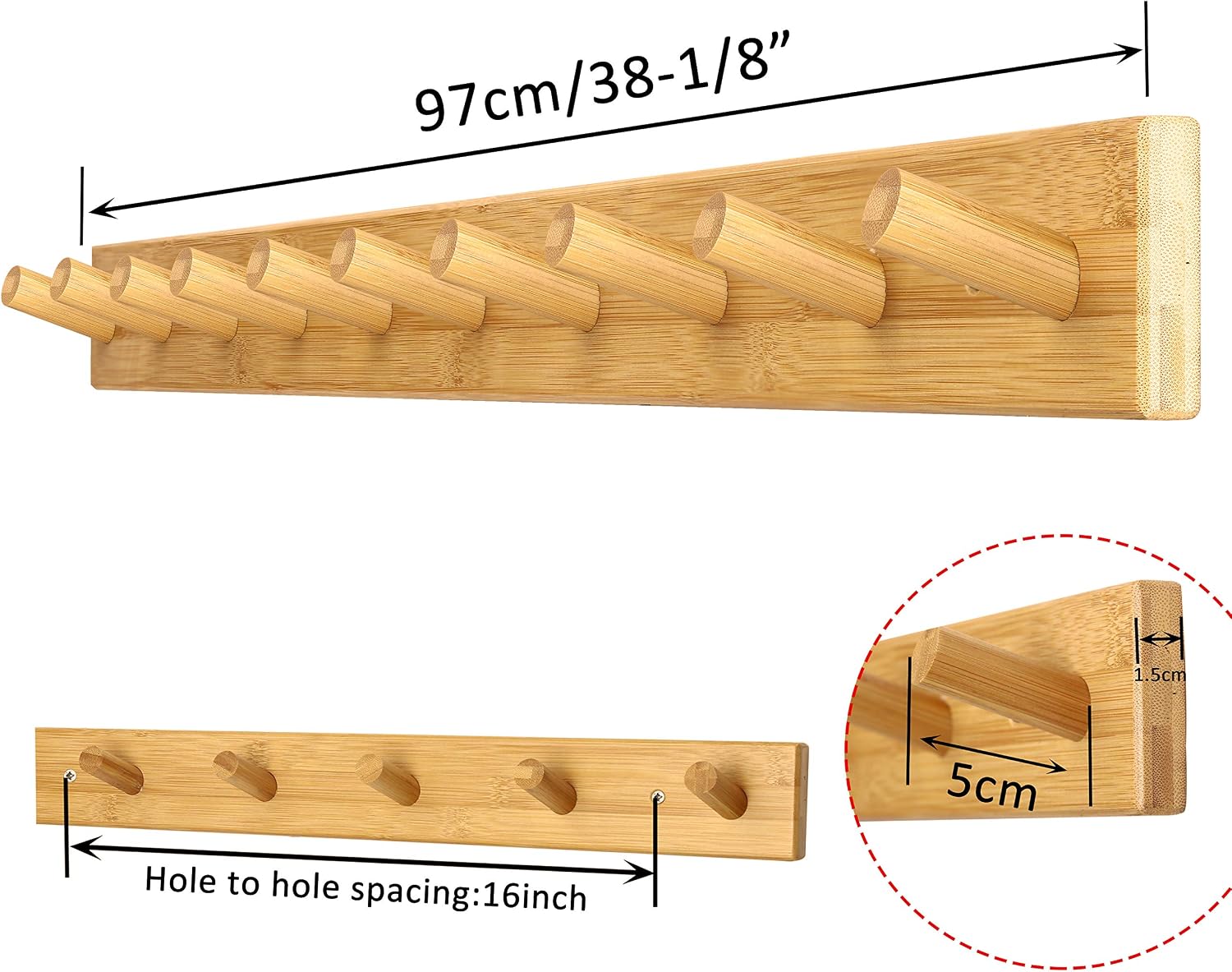 38" Natural 10‑Hook Wall Coat Rack