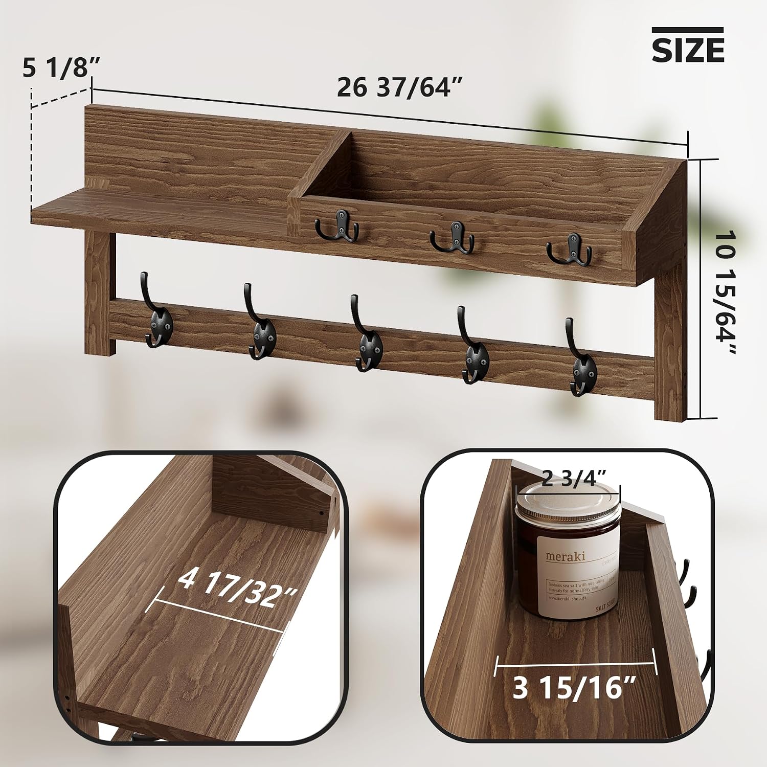 26.57" Wall‑Mounted Wood Coat Rack