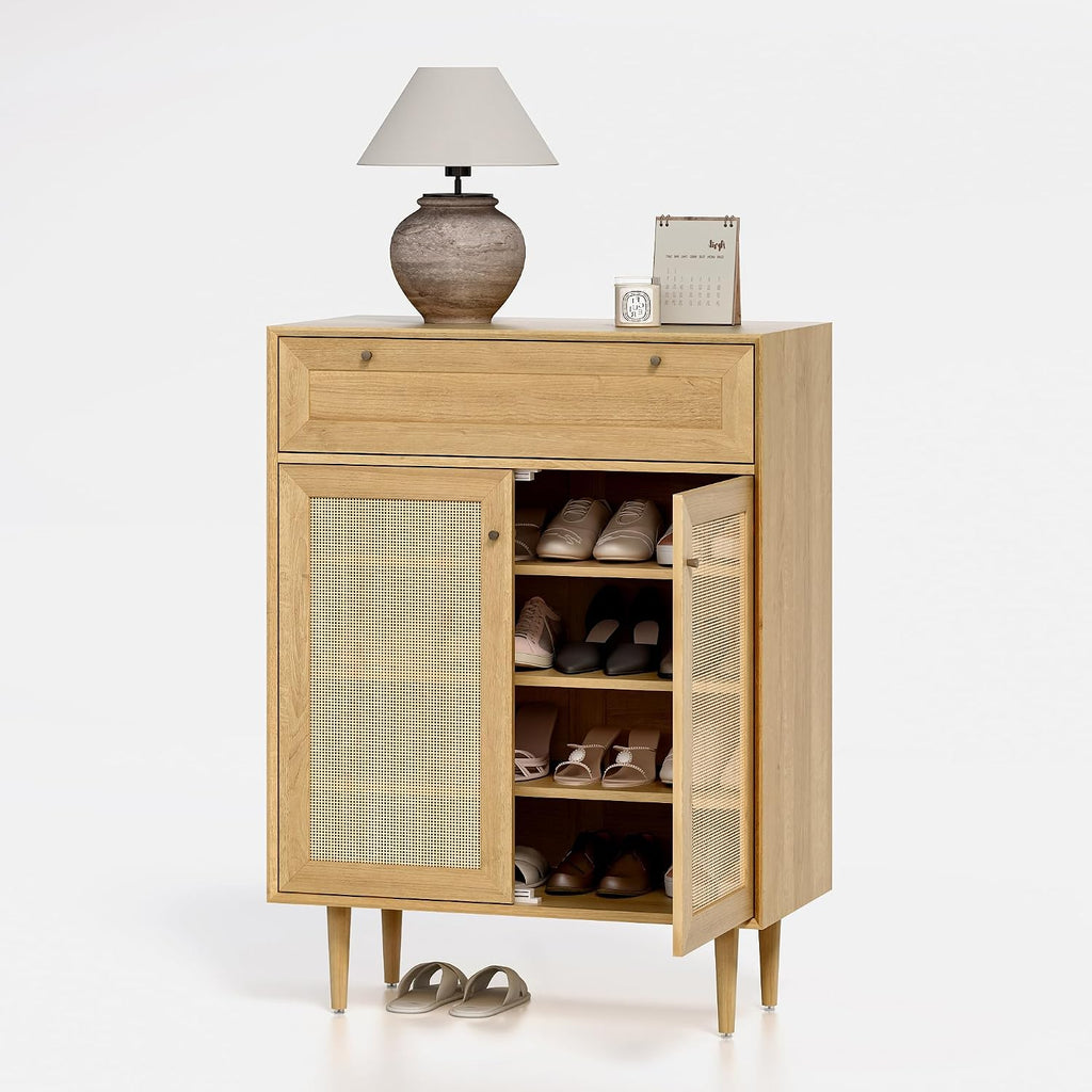 Farmhouse Rattan Freestanding Shoe Cabinet