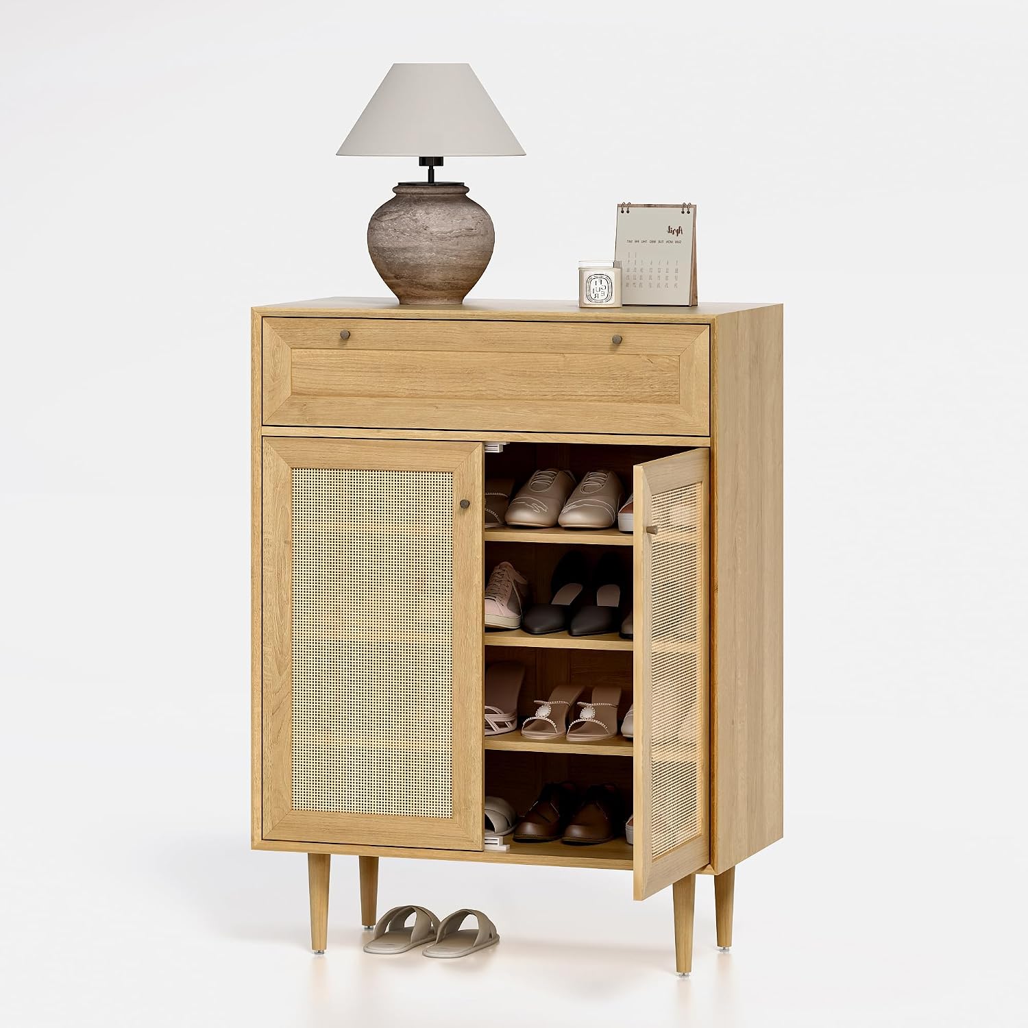 Farmhouse Rattan Freestanding Shoe Cabinet