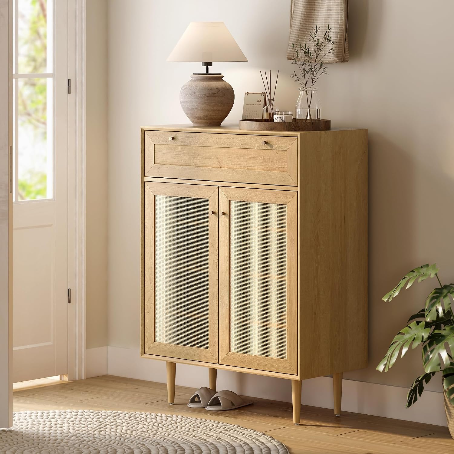 Farmhouse Rattan Freestanding Shoe Cabinet