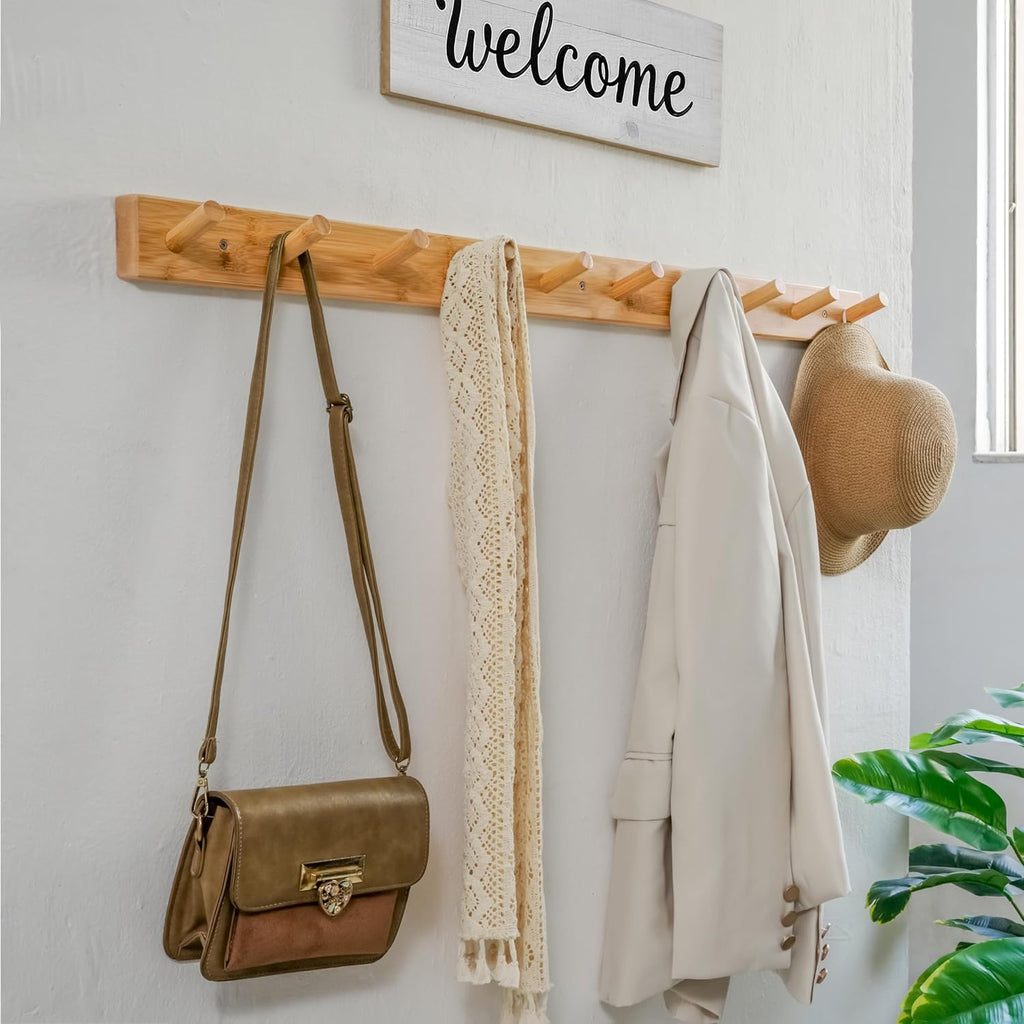 38" Natural 10‑Hook Wall Coat Rack