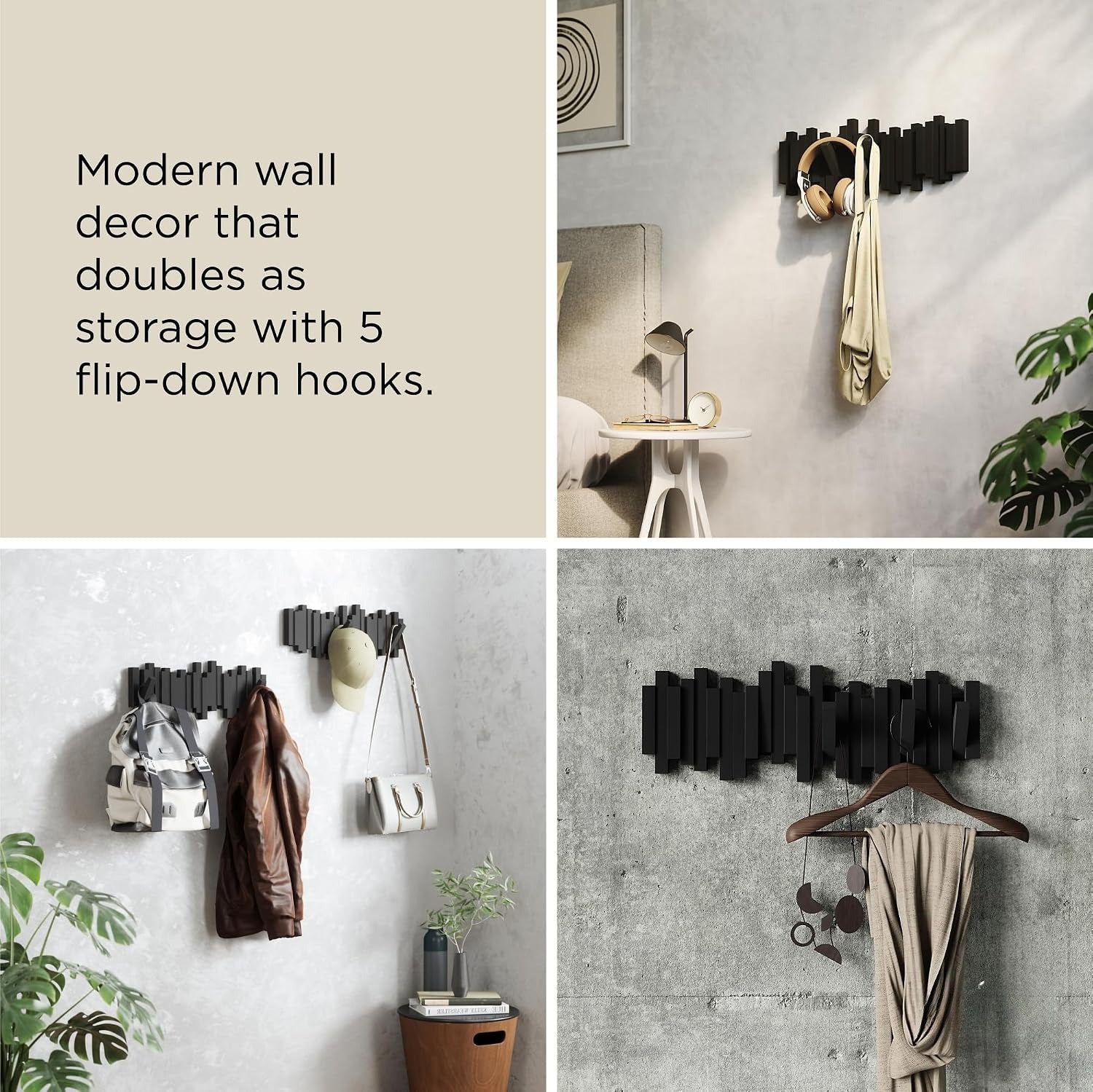 Sticks Black 5‑Hook Wall Coat Rack