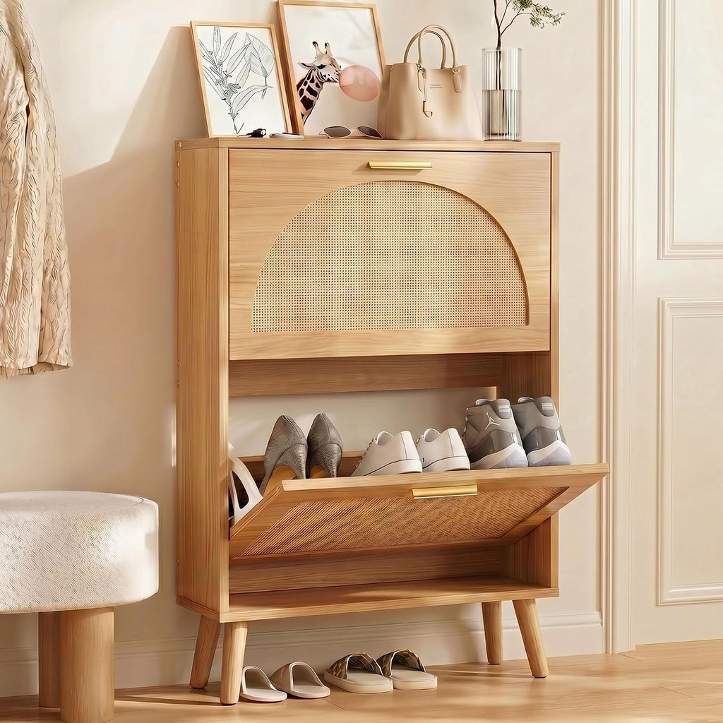 Rattan Flip‑Drawer Shoe Cabinet