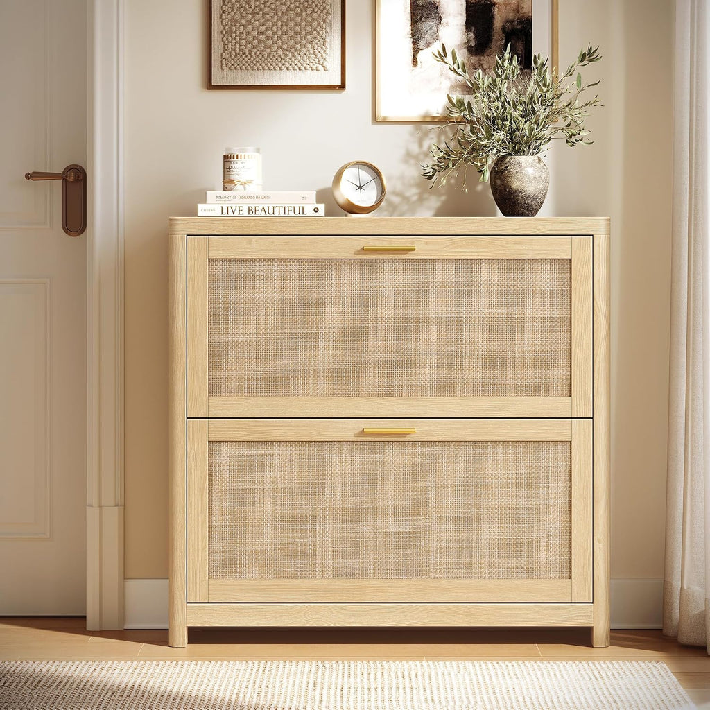 Slim Boho Rattan Shoe Cabinet