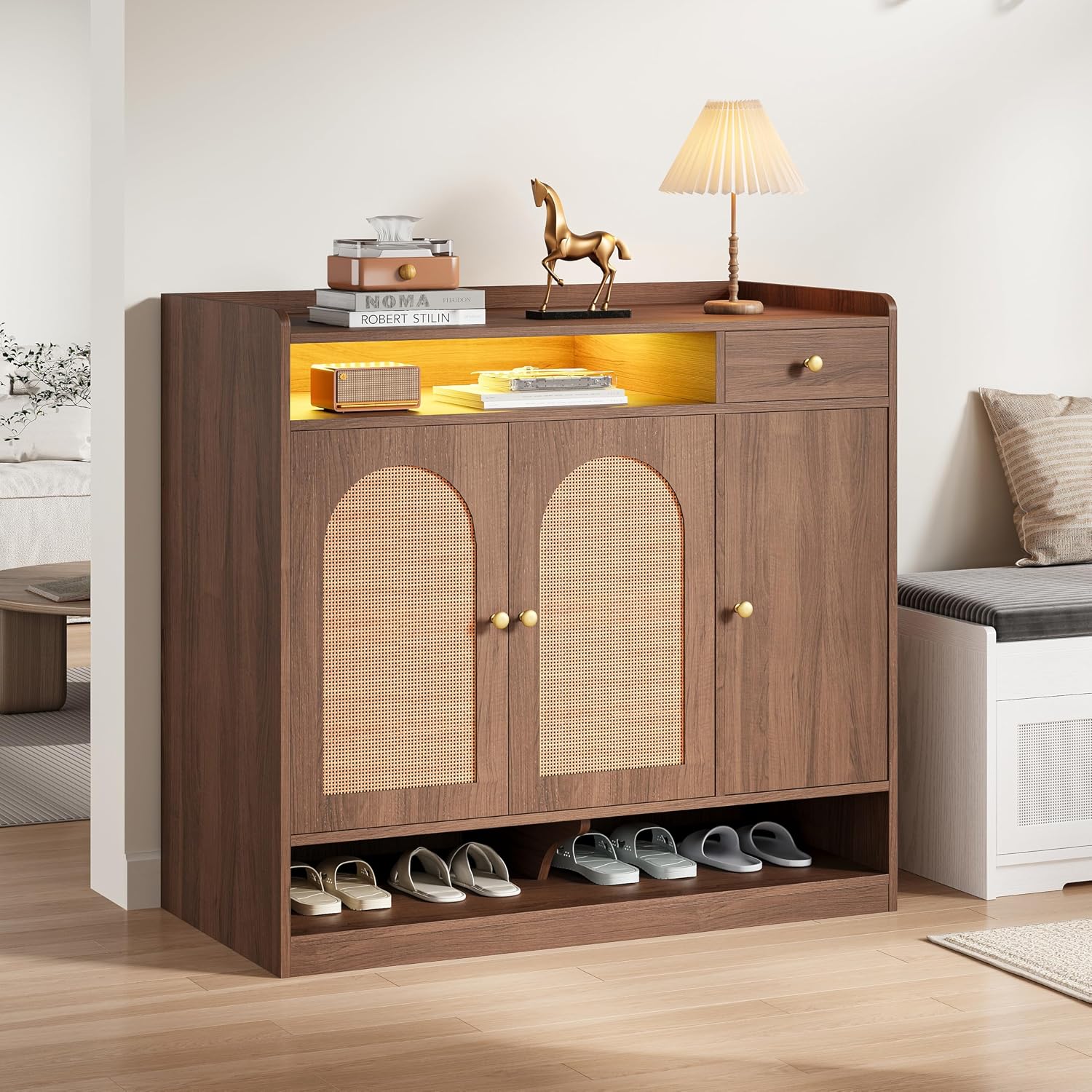 Rattan Shoe Cabinet With LED Light