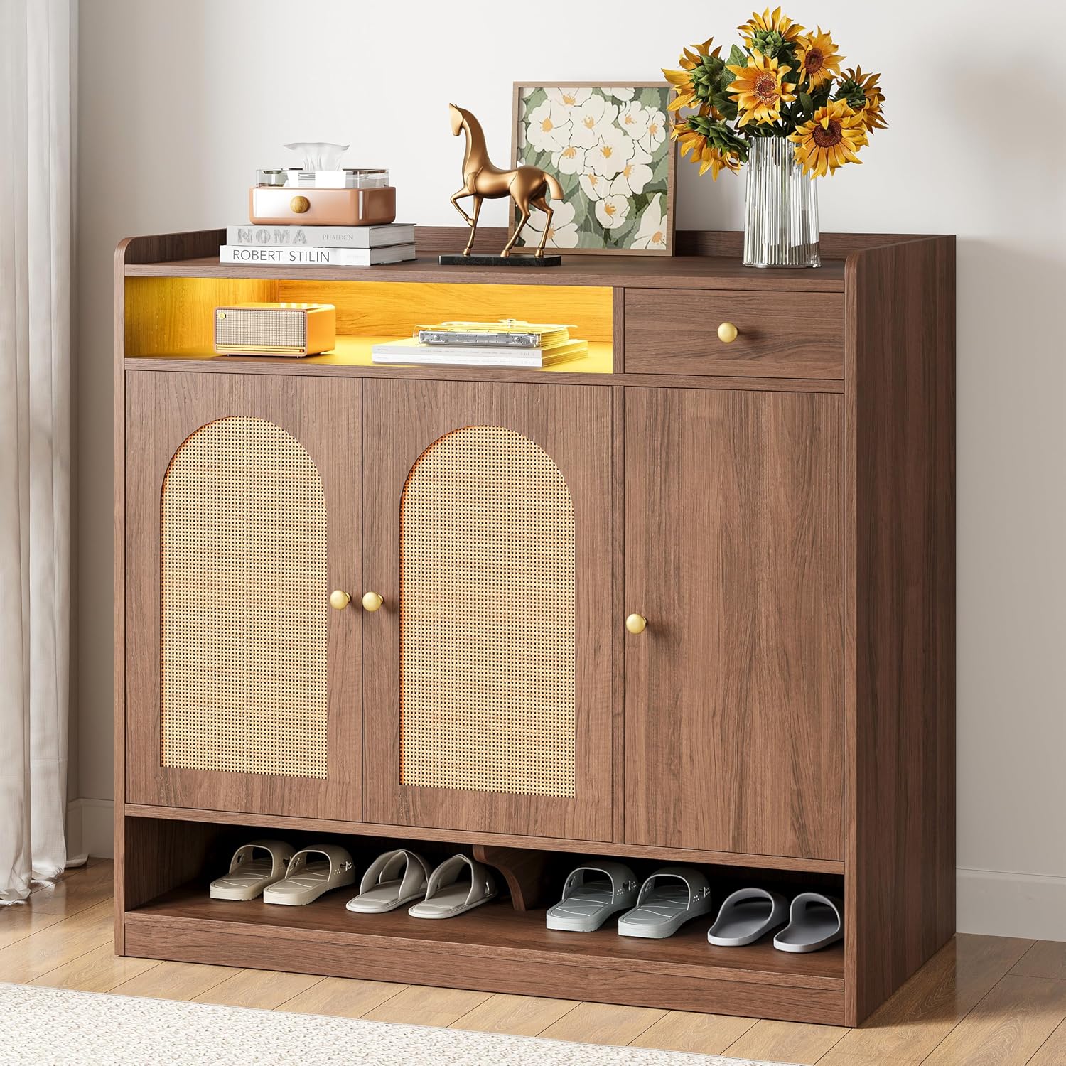 Rattan Shoe Cabinet With LED Light