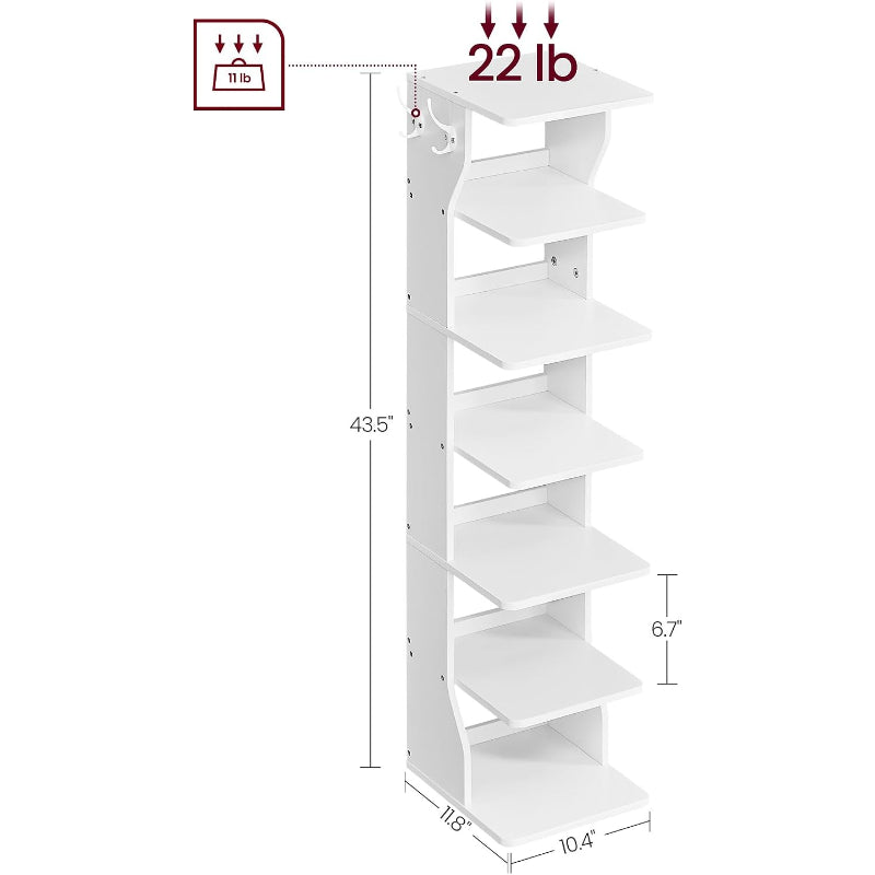 7‑Tier Vertical Shoe Rack with Hooks